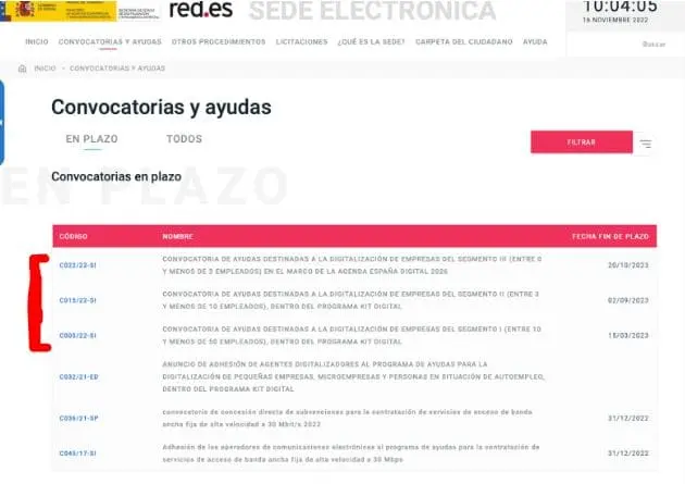 Seleccionar convocatoria para el kit digital