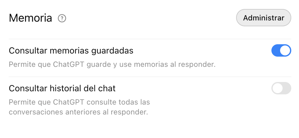 Administrar memorias de chatgpt